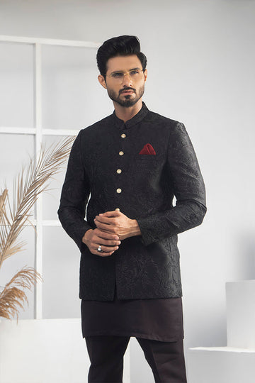 Black Color Floral Embroidered Prince Coat For Men